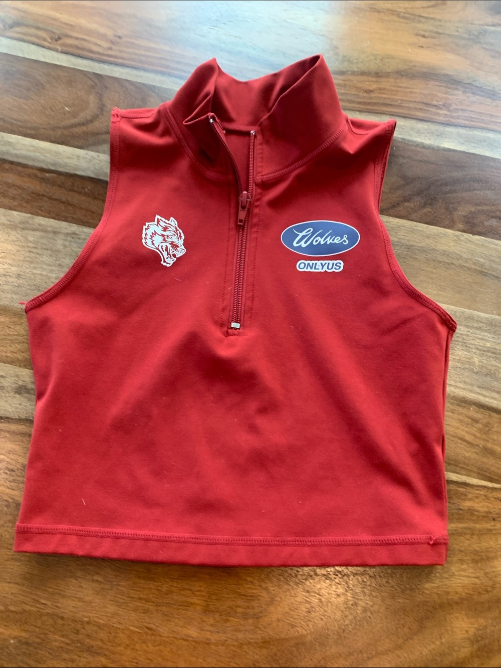 Darc Sport Red Sleeveless Mock Neck Zip Tank with Wolves Patch